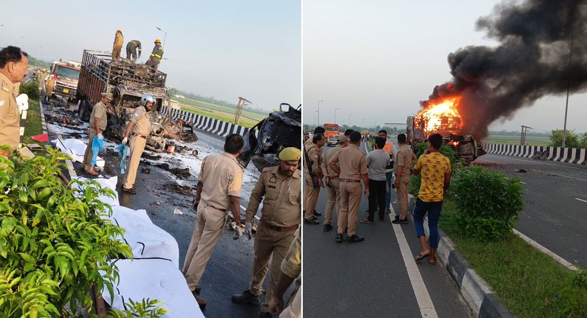 अलीगढ़ में नेशनल हाईवे पर भीषण हादसा : मासूम समेत 4 जिंदा जले, एक घायल; कार और कैंटर की टक्कर के बाद लगी आग 