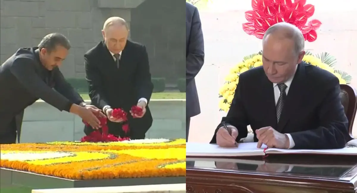राजघाट पहुंचे राष्ट्रपति पुतिन, महात्मा गांधी को दी श्रद्धांजलि; राष्ट्रपति भवन में मिली 21 तोपों की सलामी