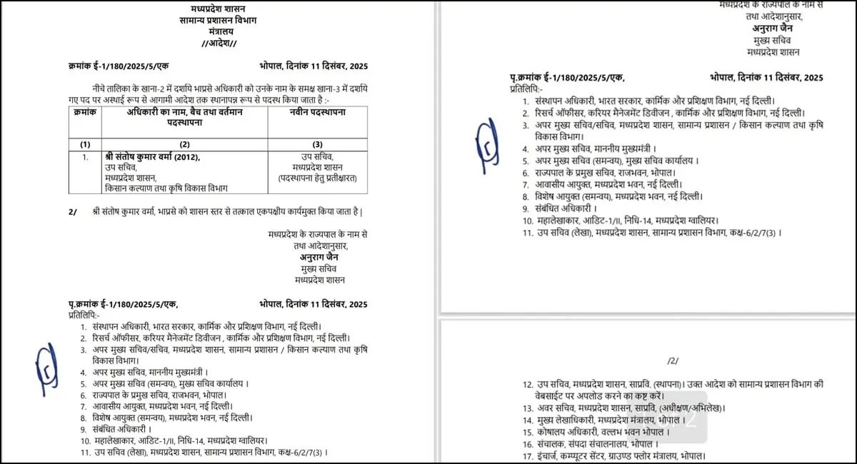 आईएएस संतोष वर्मा के नए पदस्थापना आदेश।