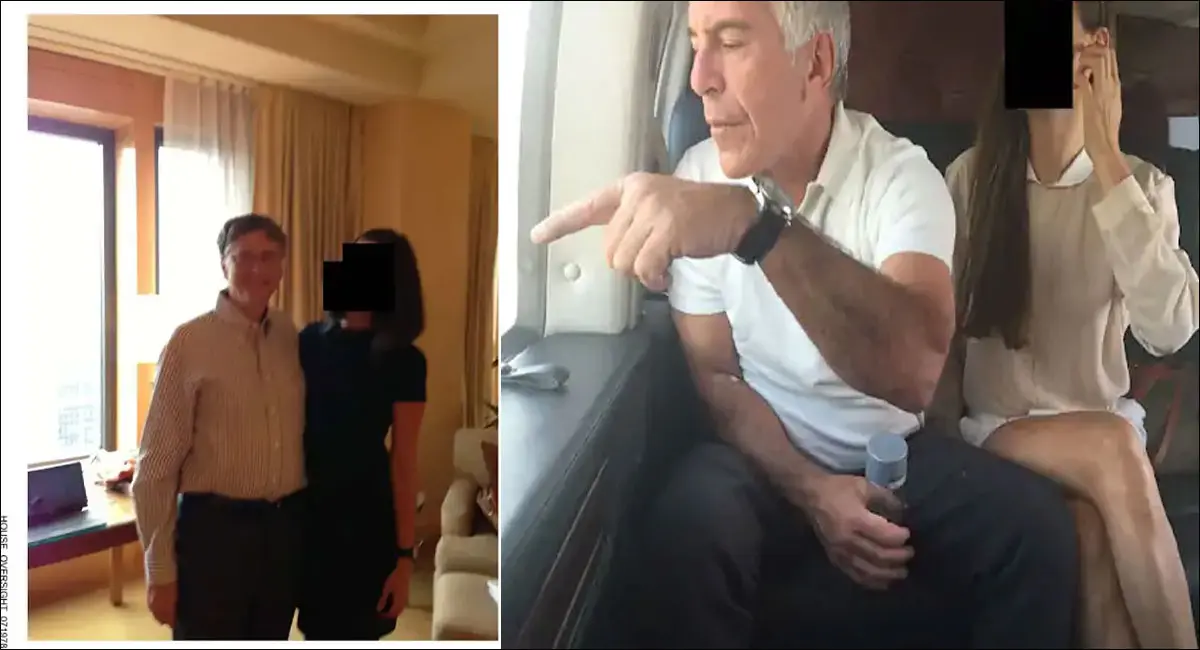 पहली तस्वीर में बिल गेट्स एक कमरे या हॉल के भीतर महिला के साथ नजर आ रहे हैं। दूसरी तस्वीर में जेफ्री एपस्टीन किसी प्राइवेट जेट में एक लड़की के साथ है।