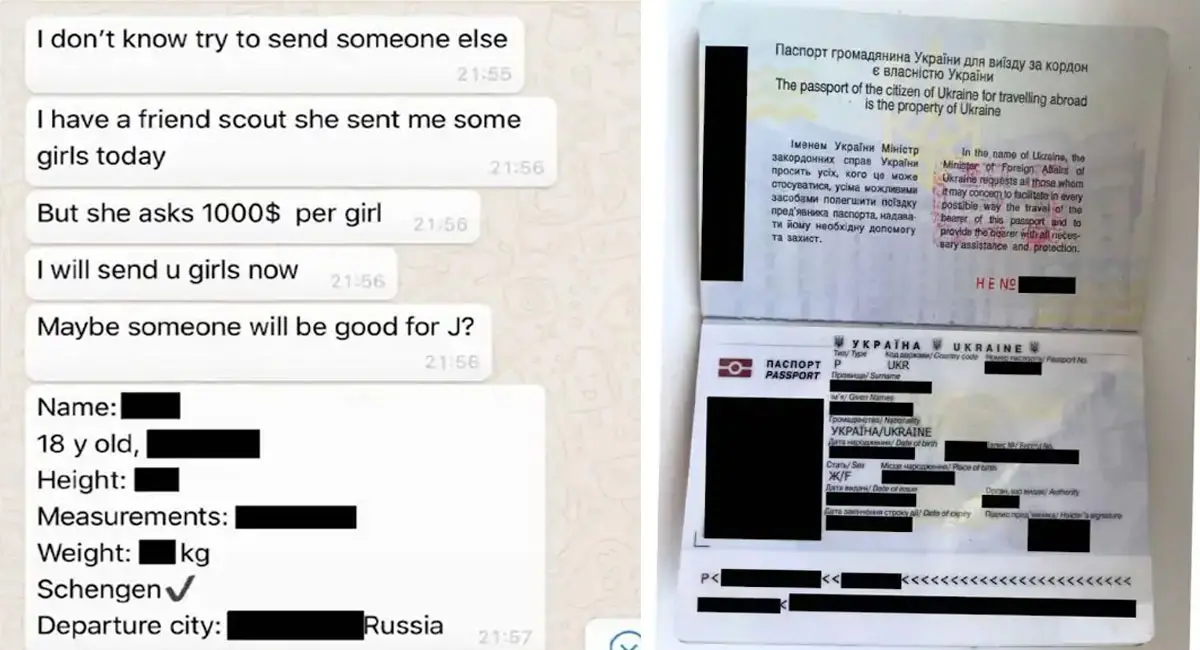 पहली तस्वीर में यह एक लड़की का बायोडाटा है जिसमें कुछ व्यक्तिगत जानकारी छुपाई गई है। ज्ञात केवल यह है कि उसकी उम्र 18 साल है और उसके पास शेंगेन वीजा है, जिससे वह यूरोप के कई देशों में यात्रा कर सकती है। उसे रूस भेजा जाना है। बिल गेट्स एक कमरे या हॉल के भीतर महिला के साथ नजर आ रहे हैं। दूसरी तस्वीर में एक यूक्रेनी महिला का पासपोर्ट है, जिसमें पहचान संबंधी जानकारी को धुंधला कर दिया गया है।