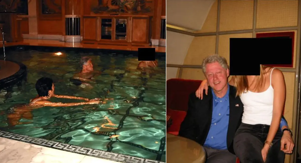 पहली तस्वीर में पूर्व अमेरिकी राष्ट्रपति बिल क्लिंटन एक स्विमिंग पूल में दो महिलाओं के साथ नहाते दिख रहे हैं। दूसरी तस्वीर में उनके साथ एक महिला बैठी है, जिसका चेहरा छिपा दिया गया है।