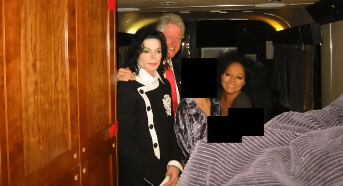 मशहूर गायक माइकल जैक्शन (बाएं), पूर्व अमेरिकी राष्ट्रपति बिल क्लिंटन (बीच में) और अमेरिकी होस्ट ओप्रा विन्फ्रे। एक महिला का चेहरा छिपा दिया गया है।