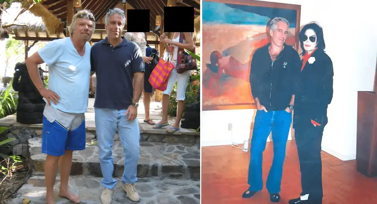 पहली तस्वीर में अरबपति रिचर्ड ब्रैसनन (बाएं) के साथ जेफ्री एपस्टीन। दूसरी तस्वीर में मशहूर गायक माइकल जैक्सन (दाएं), जेफ्री एपस्टीन के साथ नजर आ रहे हैं।