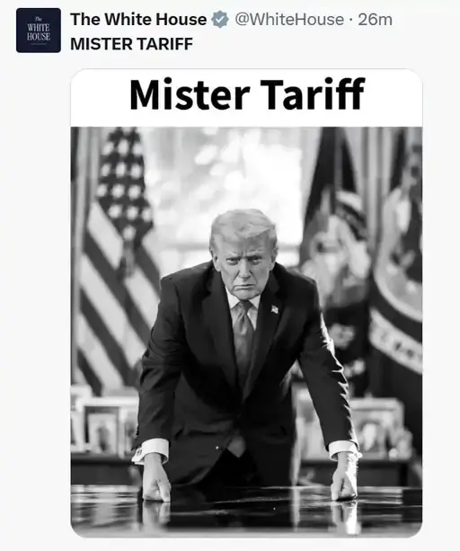 ट्रंप की टैरिफ धमकी के बाद व्हाइट हाउस ने ट्रंप की तस्वीर सोशल मीडिया X पर शेयर की। इस तस्वीर के कैप्शन में लिखा था- मिस्टर टैरिफ।