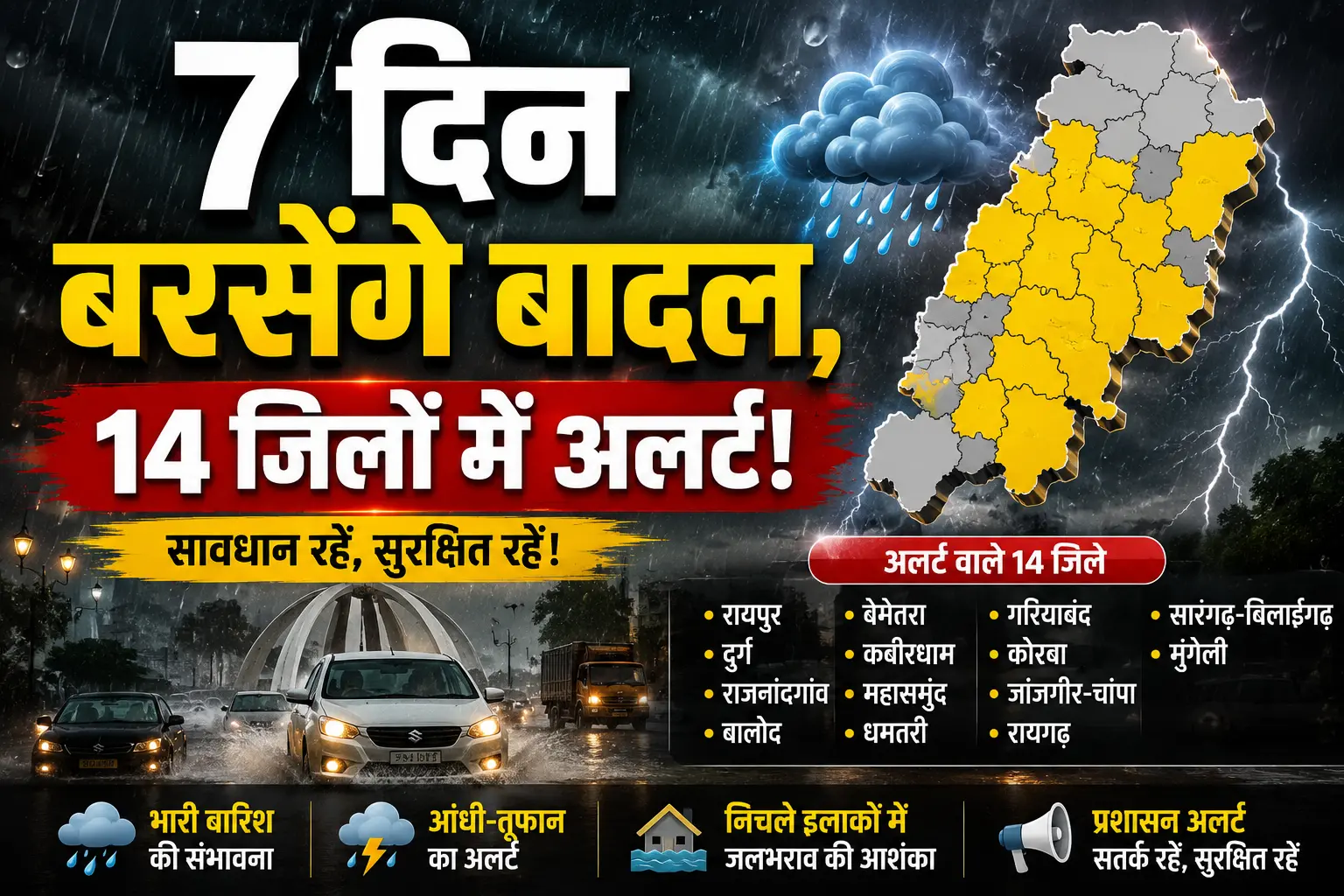 छत्तीसगढ़ में मानसून का जोरदार आगाज: अगले 7 दिन झमाझम बारिश, 14 जिलों में यलो अलर्ट जारी