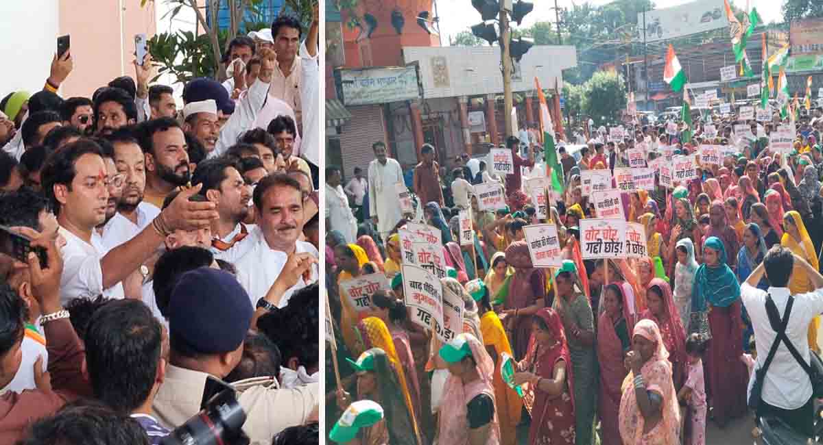 जयवर्धन सिंह की अगुवाई में गुना में गूंजा वोट चोर, रिश्वतखोर, गद्दी छोड़ का नारा, कलेक्ट्रेट का किया घेराव