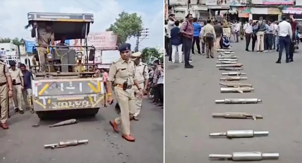 उज्जैन पुलिस ने अवैध साइलेंसर पर चलाया रोड रोलर, तीसरी बार हुई कार्रवाई