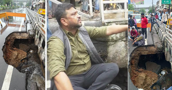 भोपाल में बोर्ड ऑफिस चौराहे पर सड़क धंसी, 10 फीट चौड़ा गड्ढा, बड़ा हादसा टला; धरने पर बैठे कांग्रेस नेता