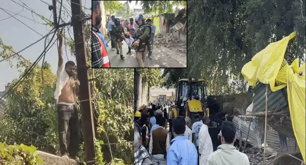 बिजली पोल पर चढ़ा युवक, छत पर चढ़ी युवती; परिवार ने खुद पर डाला केरोसिन, अतिक्रमण हटाने पहुंची टीम पर हंगामा