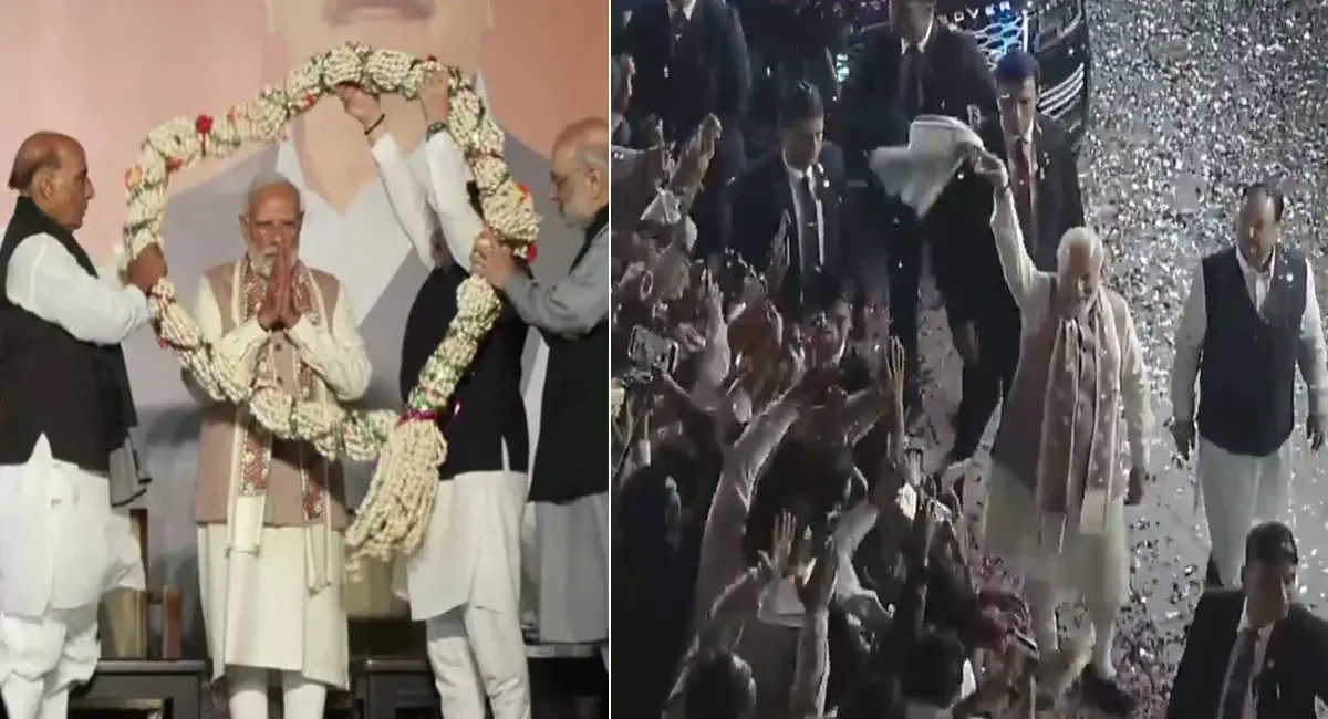 गमछा लहराते ही कार्यकर्ताओं में उमड़ा जोश, ‘भारत माता की जय’ से गूंजा भाजपा मुख्यालय