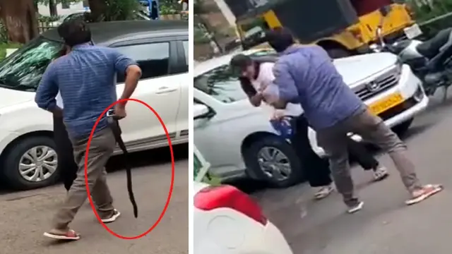 पुलिस वाले ने मेरा घर तोड़ दिया..." कहते हुए बीच सड़क पर पत्नी को बेल्ट से पीटा