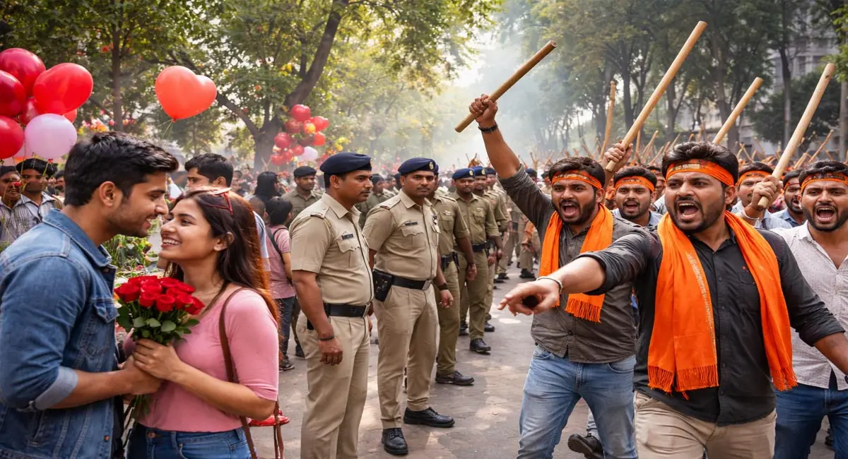 भोपाल में वेलेंटाइन डे पर लाठी का पहरा, सड़कों पर उतरी बजरंगी सेना